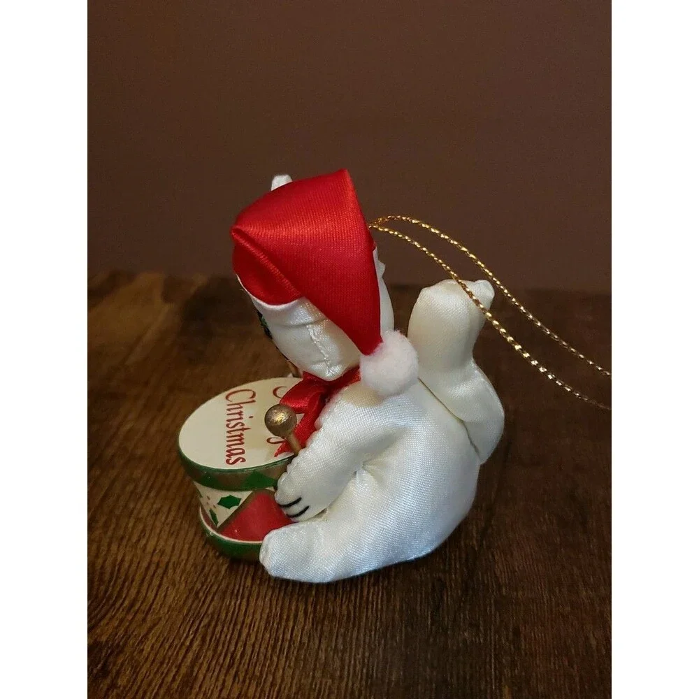 Fancy Feast 1991 Cat Christmas Ornament Cat Drummer White Satin Wood Drum Russ